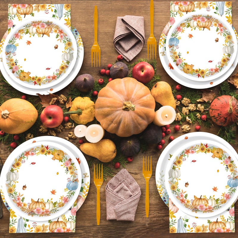 Teeloray 99 Pcs Fall Thanksgiving Plates and Napkins Party Supplies, Autumn Watercolor Pumpkin Leaves Disposable Tableware Set with Banner Tablecloth, Fall Decor Harvest Party Decorations for Table, Serves 24 - Image 5